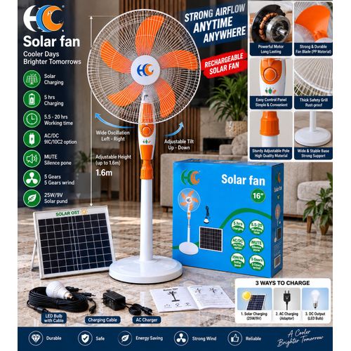 SOLAR OST SOLAR FAN POWERED RECHARGEABLE 16" STANDING FAN + SOLAR PANEL AND BULBS