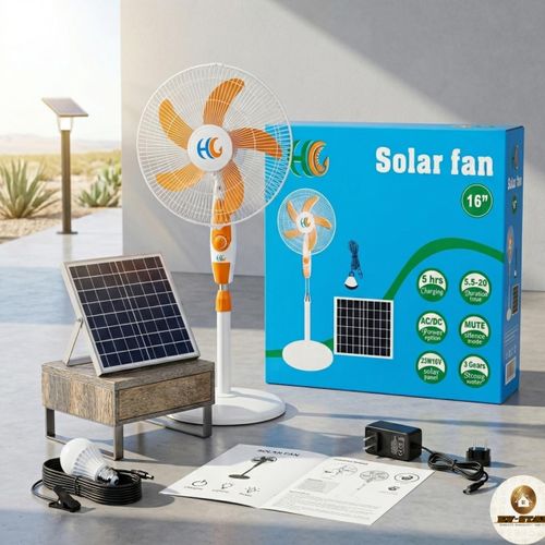 SOLAR OST SOLAR FAN POWERED RECHARGEABLE 16" STANDING FAN + SOLAR PANEL AND BULBS - image 2