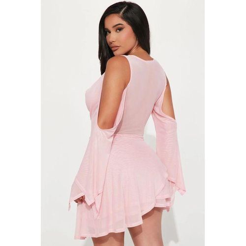 Fashion Pink Mesh Long Sleeve Cowl Neck Stretch Mini Dress for Women Party Clubwear Night Out - image 2