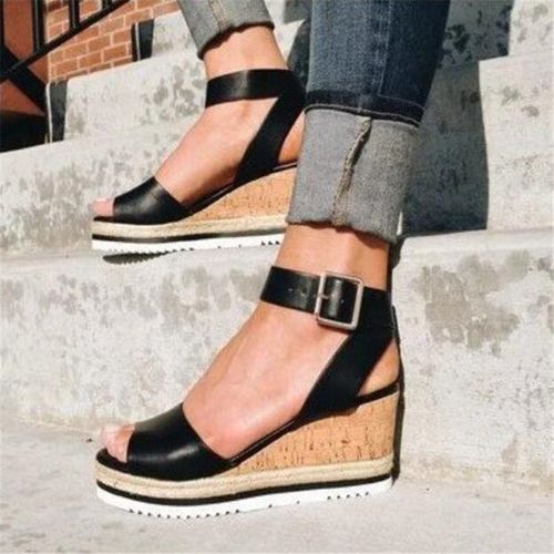 Plus Size Womens Wedge High Heel Sandals Platform Buckle Shoes