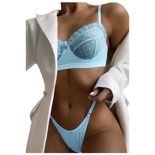 G7 Ruffle Mesh Lace Lingerie 2 Piece Women Underwear Set Transparent Bras  Panty Brief Sets White Sexy Lingerie Seamless Bra Set(#LB)