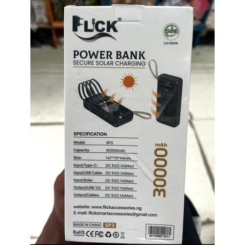 product_image_name-Flick-30000mAh Power Bank, Four In Built Cables with Solar Charge - With 3A Built in Type-C, iPhone ( Lightning), Android ( Micro ) & USB Cable, With a 5V Power Delivery Capacity Type C Input and Output port Enabled & Double USB Port-2