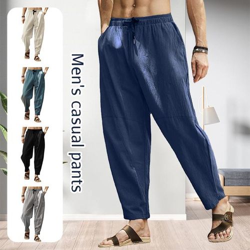 Casual Men's Drawstring Straight Pants Loose Cotton Linen Trousers Beach  Pants 