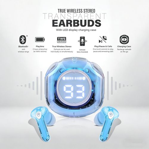 BHW Air39 TWS Wireless Earbuds Transparent Case LED Display - Blue - image 3
