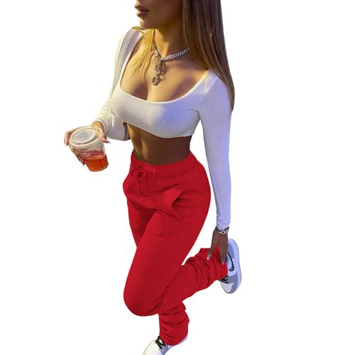 Fashion （Red）Stacked Sweatpants Women's Fleece Thick Sports Fitness  Drawstring With Pocket Streetwear Flare Pants Bulk Item Wholesale Lots WJu