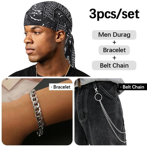 ARHANORY Men Headwrap + Bracelet + Belt Chain Set Durag Cuban Bracelet Pants Chain - image 7