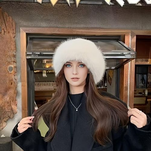 product_image_name-Fashion-Elegant Women's Faux Fur Winter Hat - Cozy & Warm Thickened Mongolian Cap with Ear Protection, Stylish Minimalist Design in Crream/Brown/White/Black, Elastic Fit, Polyester, Hand or Dry Clean Only-8