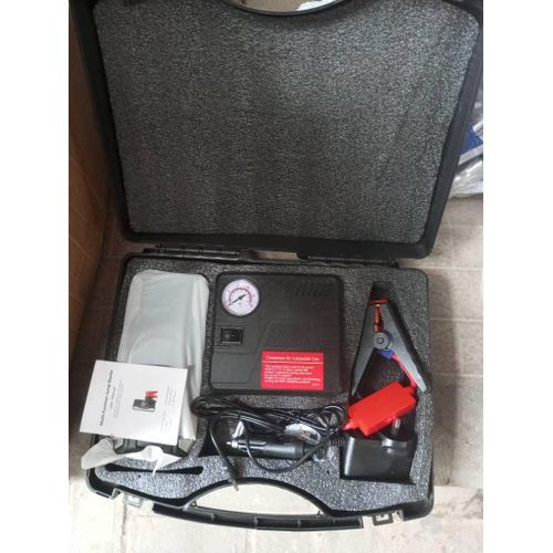Generic multifunctional car jump starter kit with a portable air compressor.