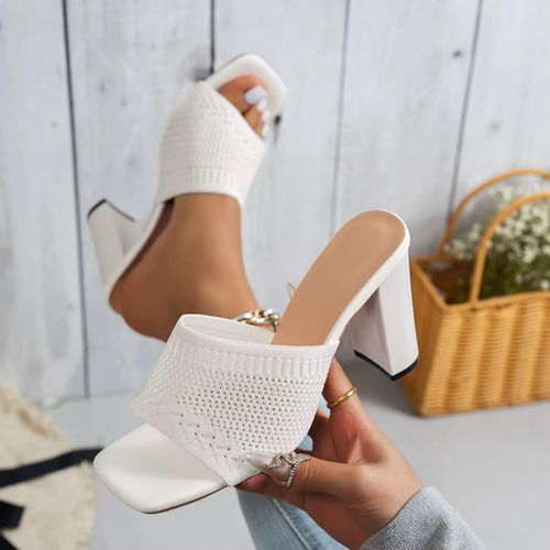 Fashion Women's White Knitted Block Heel Mule Sandals