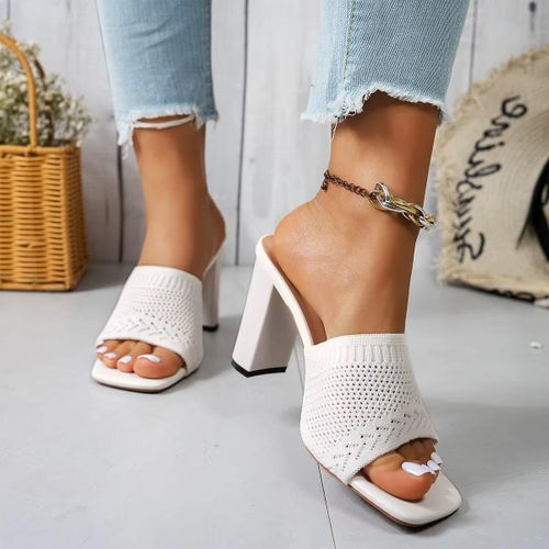 Fashion Women's White Knitted Block Heel Mule Sandals - image 2