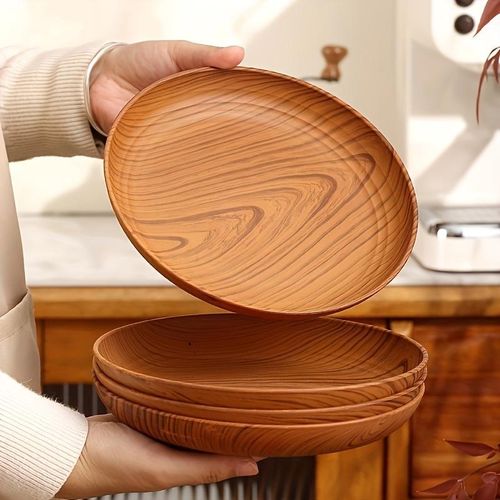 Generic Set of 5 thickened plastic dinner plates in woodgrain finish (19.5cm × 2.5cm) - image 2