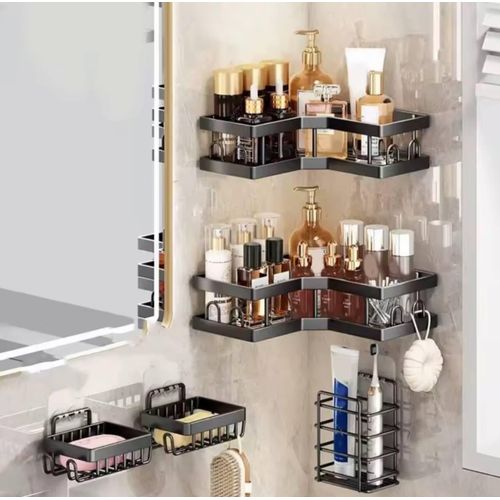 Generic 5Pcs Carbon Steel Triangle Storage Rack Wall Mounted Punch Free Shampoo Storage Rack Drainable Large Capacity