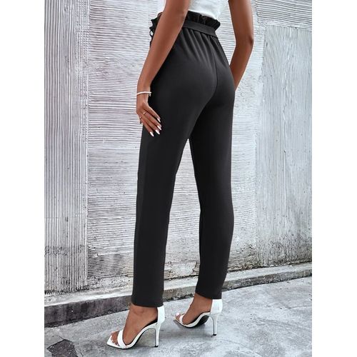 Fashion Women Corporate Office Wear Straight High Waist Belted Pant Trousers  - Black