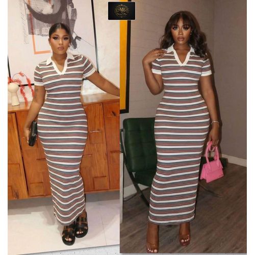 China Vision Women's Striped Polo Collar Bodycon Maxi Dress