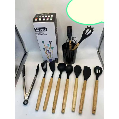 Generic 12PCS Silicon Non-Stick Cooking Spoon Set- Black
