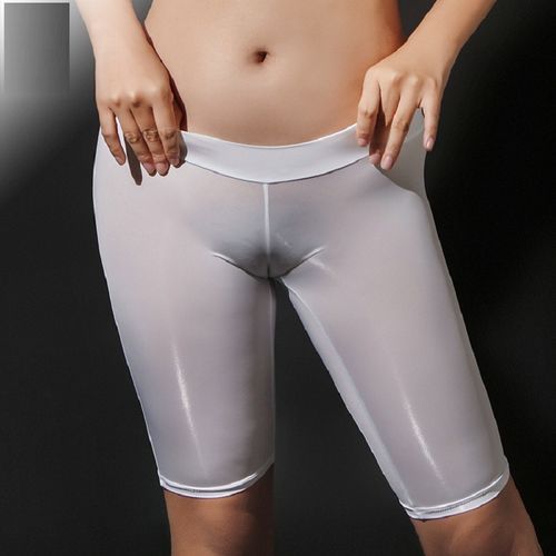 Fashion (White)Allure Women Shorts Leggings Ice Silk See Through Shiny  Candy Color Oil Gloss Low Rise Waist Push Up Tight Knee Yoga Pants DOU