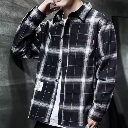 product_image_name-SXCHEN-Men's Black And White Plaid Loose Long Sleeve Trendy Shirt-2