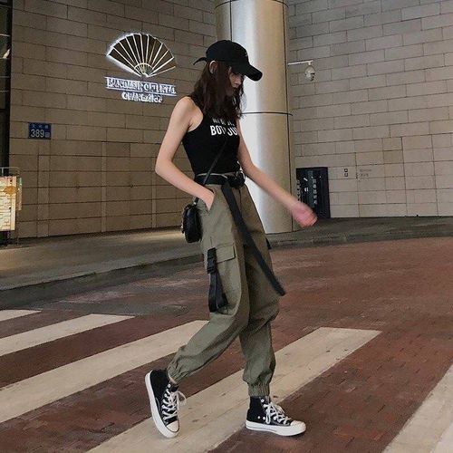 Fashion (Green)Women's High Waist Cargo Pants Women Black Goth Baggy Grunge  Punk Techwear Pocket Casual Loose Combat Twill Pants Girls DOU