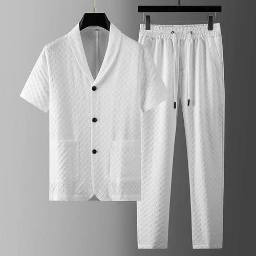 Generic Fashion Spring Summer Men's Casual Two Piece Sets Short Sleeve S  And Long Pants Suit Pattern Print Outfit Men Streetwear(#white Yellow)