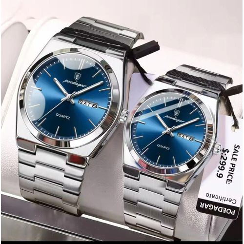 POEDAGAR Original Quality & Extra Premium Couple Day/Day Silver & Blue Wristwatch