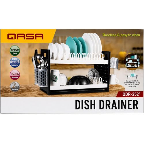 Qasa QDR-252+ 2-Tier Dish Drainer Rack with Cutlery & Cup Holders – Black/White
