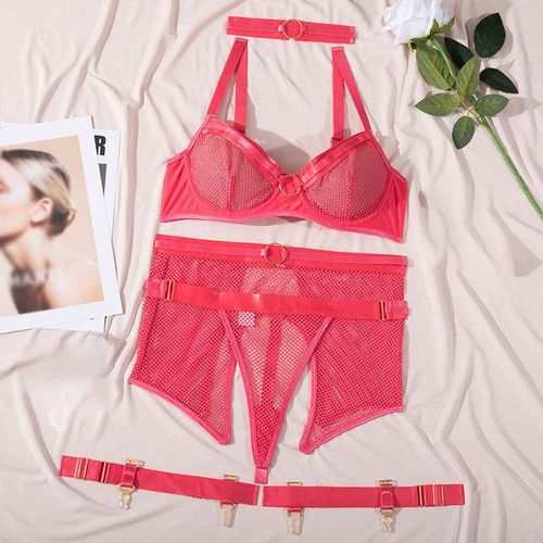 Generic 4-Piece Set Sexy Mesh Bra Thong Erotic Women Lingerie Set Underwear  Femme Bra And Panty Garters See Through Lingerie Bandage Set