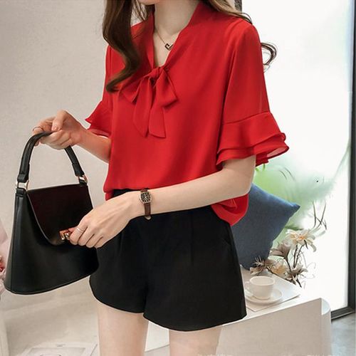 Chiffon Blouse Women Short Sleeve Korean Tops Summer Fashion Slim White Top  New