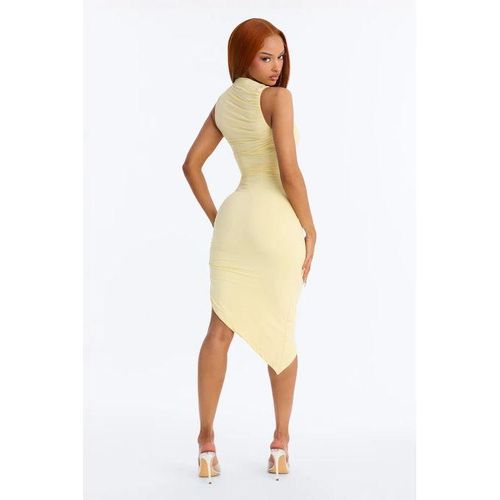 Fashion Butter Yellow Double Lined Ruched Slit Mock Neck Sleeveless Midi Dress for Women Casual Everyday Wear Date Night - image 2