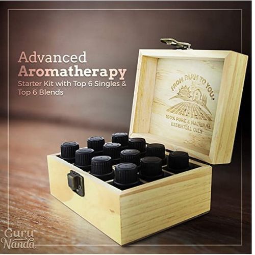 Gurunanda Top 12 Essential Oils Set With Wooden Storage Box