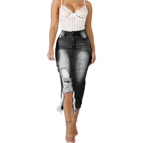 Ripped split denim skirt online