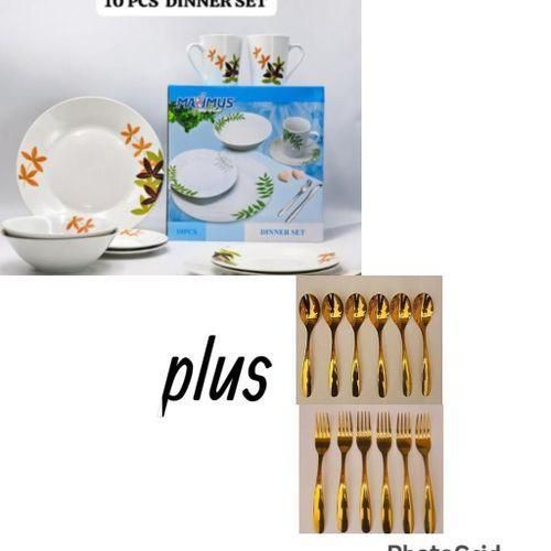 Generic Dinner Set __ 10 pcs (2 cups, 2 bowls, 2 saucer, 2 side plates , 2 flat plate,6 gold spoon, 6 gold fork)breakable _ multi color, multi design