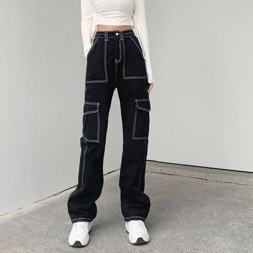 Fashion New Black High Waist Cargo Pants Women Big Pockets