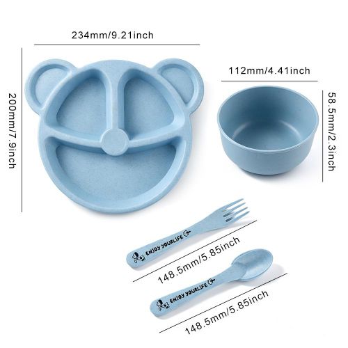 Generic Children's Wheat Straw Dinnerware Set, Bear Divided Plate + Bowl with Spoon & Fork, Safe for Kids, Blue - image 2