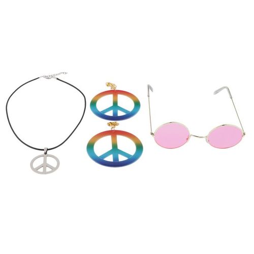 Fashion Peace Sign Necklace Earring Hippie Sun Glasses Hippie Accessories  Pink