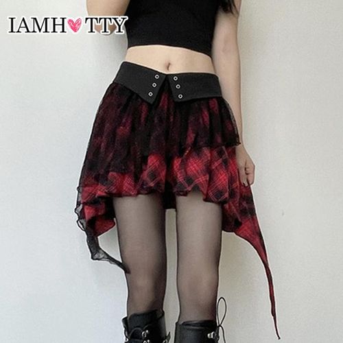 Generic Iamhotty Gothic Red Plaid Asymmetrical Mini Skirt Halloween New Year Festival Lace Patchwork High Waist Skirts Street Jumia Nigeria