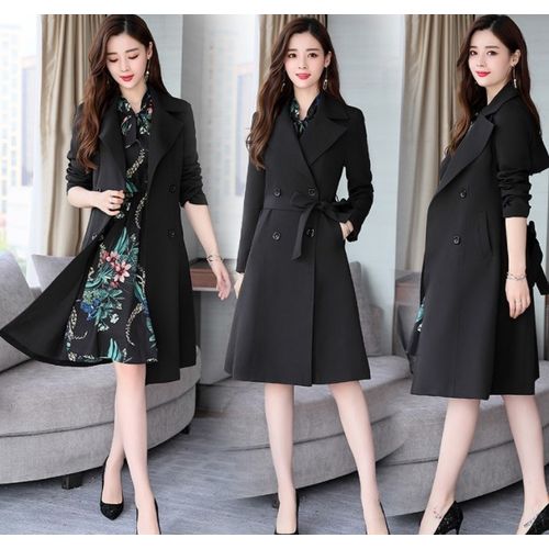 Fashion Clearance Spring Ladies Dress Suits For Office Wear Long Trench Coat-Black