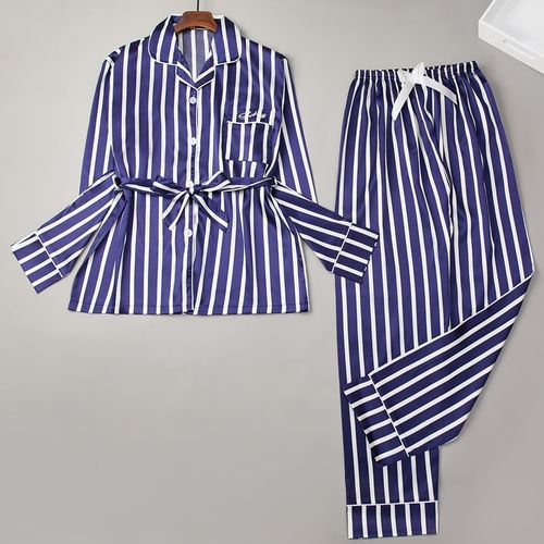 Women's Striped Silk Pajama Set Long Sleeve silk Sleepwear Stripe Silk