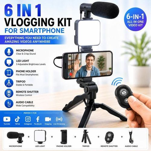 Generic Vlogging Video Kit With Tripod & Mic For Mobile Phone
