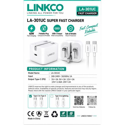 LINKCO 40W Super Fast Foldable PD Charger with Type-C to Type-C Cable - LA-301UC - image 2