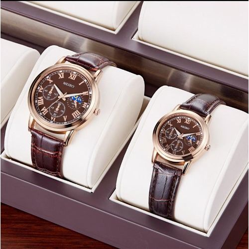 product_image_name-Fashion-2 In 1 Couple Wrist Watches Casual Leather Strap For Couples Wristwatch - Brown-1