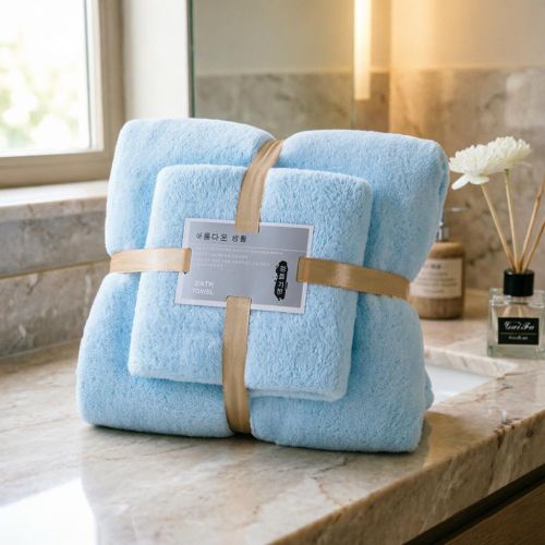 EiFESS Coral Fleece Towel Set (Face + Bath), Ultra Absorbent Light Blue