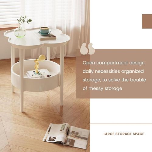 SIKITUT Modern Side Table Double-Layer Four-Leaf Clover Shape Coffee Table with Storage Shelf Creamy White - image 2