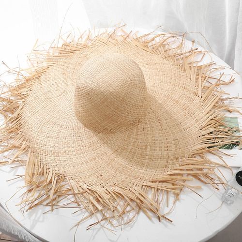 Fashion (56-58cm) 2022 New Women Straw Hat Big Brim 20cm Raffia Sun Hat  Wide Brim Panama Beach Hats Ladies Soft Straw Shade Hat Wholesale