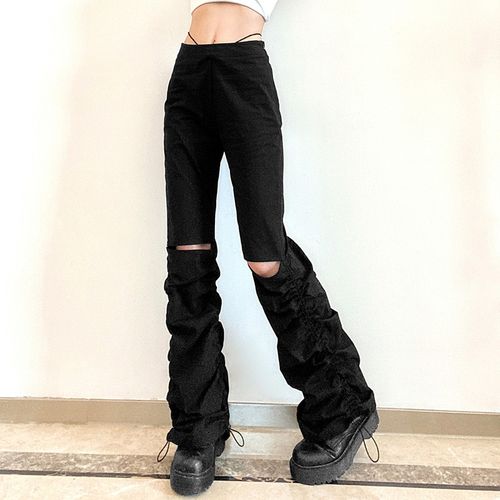 Fashion High Waist Y2k Hole Women39;s Pants Stacked Pleated Black Hot Girls Hot  Pants