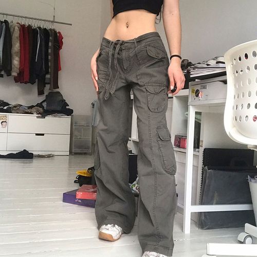 Fashion Weiyao Gray Baggy Cargo Pants Women Low Waist Vintage Pockets Y2k  Pants