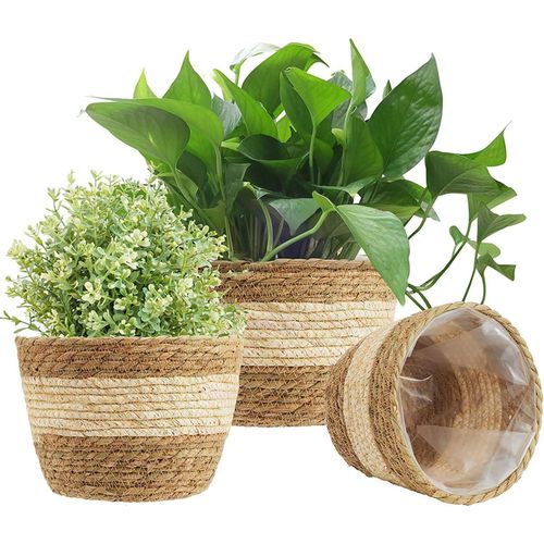 Generic Woven Plant Baskets, 3 Size Round Seagrass Planter Pots with Plastic Liners