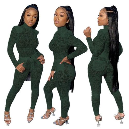 Fashion Dark Green Spring Women Sets Turtleneck Full Sleeve Mesh