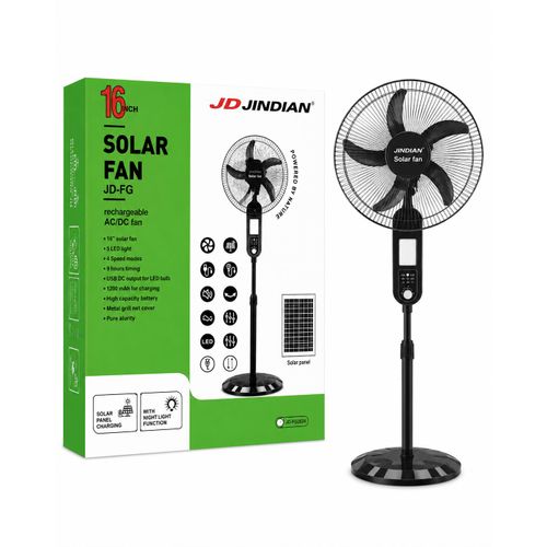 JD JINDIAN 16" Solar and Electric Rechargeable Standing Fan with LED Light & USB + Extra Bulb