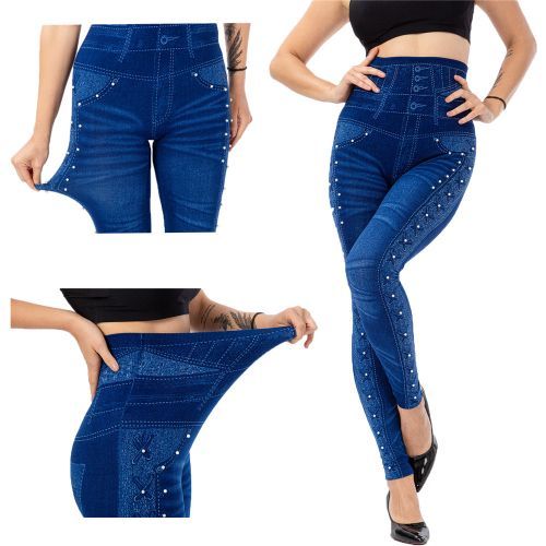 Women Leggings High Waist Faux Jean Leggings Slim Elastic Seamless Plus  Size Skinny Pencil Pants Female Pocket Workout