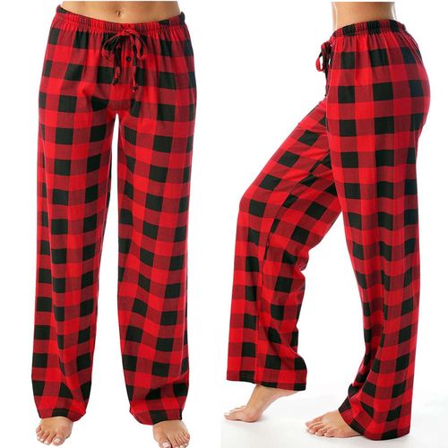 Fashion (Red)New Red Black Plaid Pajama Pants Women Lounging Relaxed House Sleep  Bottoms Womens Cotton Drawstring Button Fly Sleepwear XXA